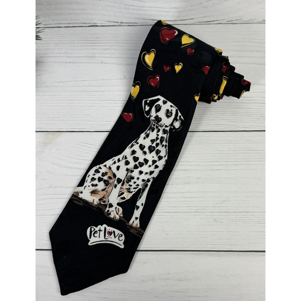 Pet Love‎ Hallmark Men's Necktie Tie Polyester Jacquard Dalmatian Dog Hearts EUC